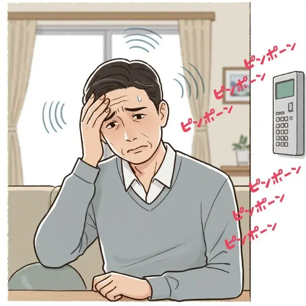 インターホンの「ピンポーン」という音が何度も鳴り響き、不快感で頭を押さえている男性のイラスト。