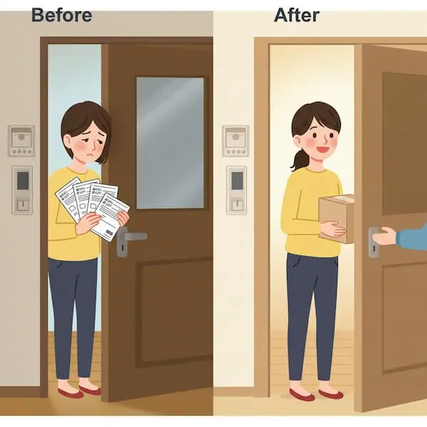 「Before」と「After」の比較画像。「Before」では、女性がドアの内側で、不要なチラシを複数枚手に持って困った顔をしている。ドアの外には不審な気配は描かれていない。「After」では、同じ女性が笑顔でドアを開け、差し出された段ボール箱をスムーズに受け取っている様子。これにより、置き配やインターホンでの事前確認といったソリューションが示唆されている。