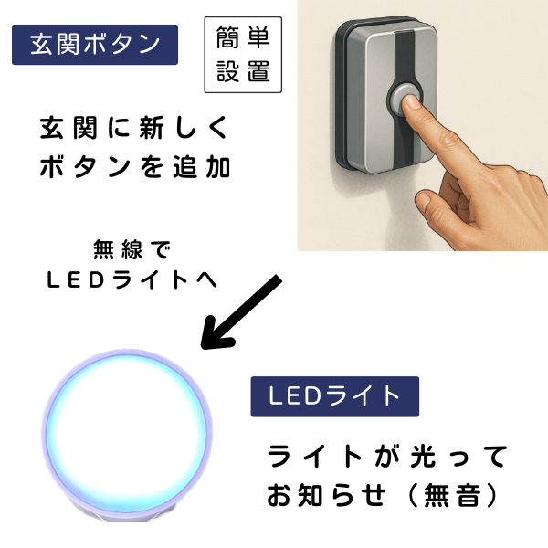 玄関に設置した玄関ボタンを押すと、無線でLEDライトが光ってお知らせする仕組みの図。