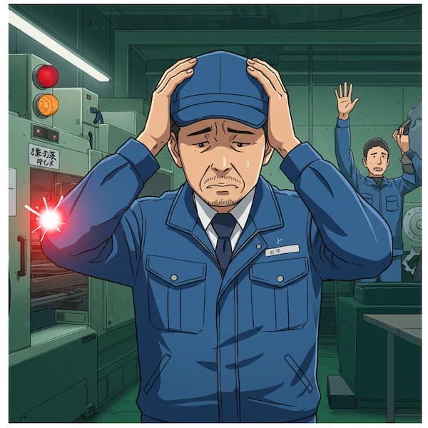 工場の作業着を着た中年の男性管理者が、頭を抱えて困っている。背景では、別の作業員が助けを求めるように手を挙げており、機械の赤い警告ランプが光っている様子。