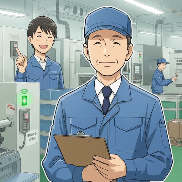 工場の作業着を着た中年の男性管理者が、安心した表情で微笑んでいる。背景では、若い作業員が笑顔で正常稼働を示す緑のランプがついた無線呼び出しボタンを指差しており、工場全体がスムーズに動いている様子。