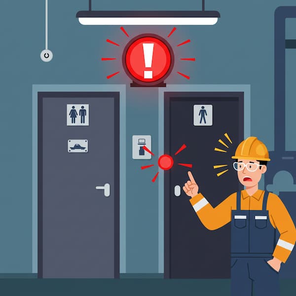 工場のトイレの前で、赤く点滅する非常警報ランプに気づき、驚いた表情で指を差している作業員のイラスト。
