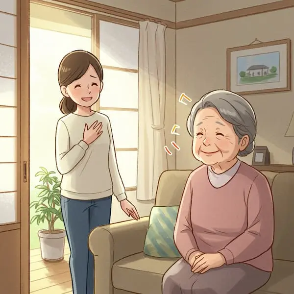 リビングで、高齢の母親が訪問者の気配に気づき穏やかに微笑む様子を、娘が安心した表情で見守っているイラスト。