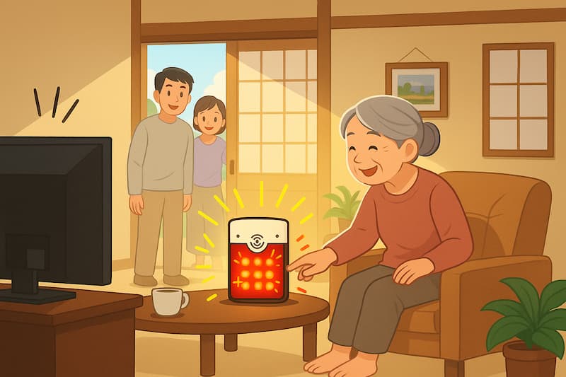 リビングでおばあさんがテーブル上のフラッシュチャイムの光に気づき、嬉しそうに微笑んでいる。ドアの外には訪ねてきた家族の男女が立っており、チャイムの光が点滅して来客を知らせている。温かい雰囲気の室内で、安全と安心を感じる場面。