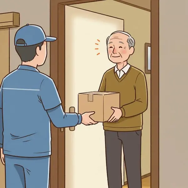 自宅の玄関で、配達員から荷物を受け取り、嬉しそうな笑顔を浮かべている高齢の男性のイラスト。