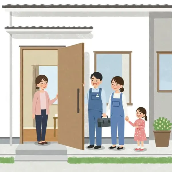 家の玄関先で、訪問してきた作業服の男女と女の子を笑顔で出迎える女性のイラスト