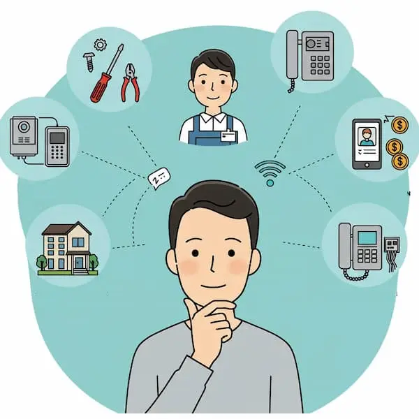 インターホンの交換やシステム導入について考えている男性のイラスト。周囲にはインターホン機器、修理工具、住宅、スマートフォン、作業員のイラストが描かれている。
