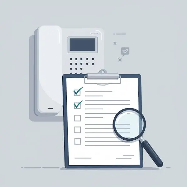 インターホンの点検や確認作業をイメージしたイラスト。壁掛けインターホン、クリップボードに挟まれたチェックリスト（上2つにチェックマーク）、そして虫眼鏡が描かれています。