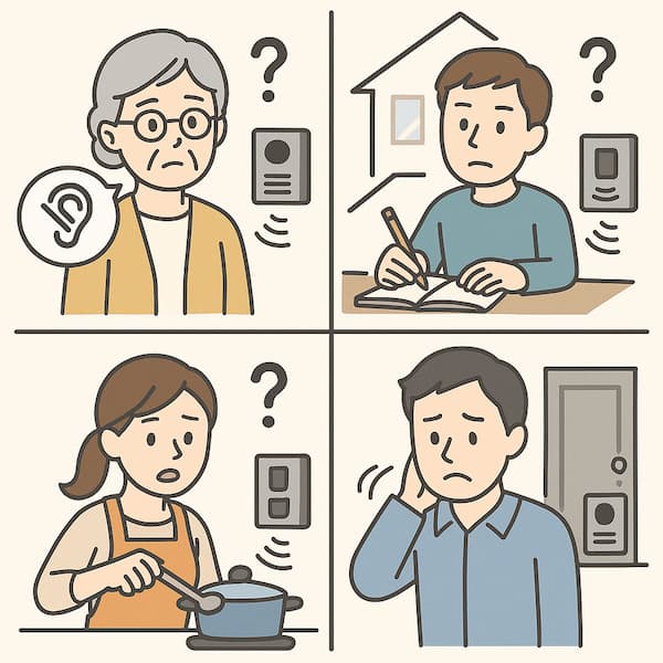ンターホンやドアホンの呼び出し音が聞こえず、高齢女性、勉強中の男性、料理中の主婦、耳が聞こえにくい男性がそれぞれ困惑している様子を示す4分割イラスト。難聴や聞き逃しの問題を表現。
