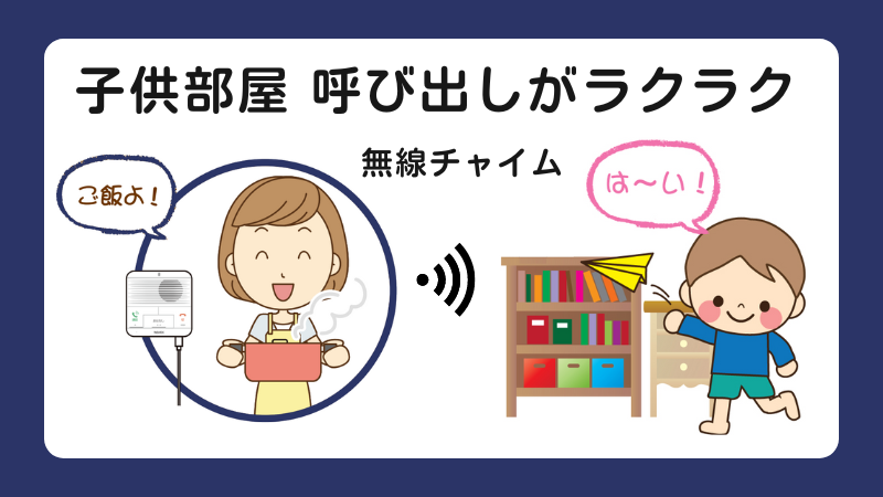 子ども部屋　呼び出しがラクラク　無線チャイム　　鍋をもつ女性が「ご飯よ」とインターホンに話しかけ。紙飛行機で遊ぶ個度が「はーい」と応えるイラスト