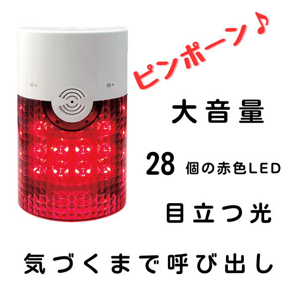 赤く光る多数のLEDと上部にスピーカーがある、白い受信機（フラッシュチャイム）の製品画像。「ピンポーン♪」「大音量」「28個の赤色LED」「目立つ光」「気づくまで呼び出し」の文字が添えられており、その特徴を説明している。