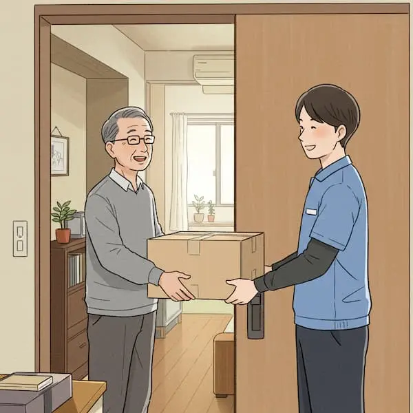 マンションの玄関で、インターホンの呼び出しに気づき笑顔で宅配便の荷物を受け取る男性のイラスト