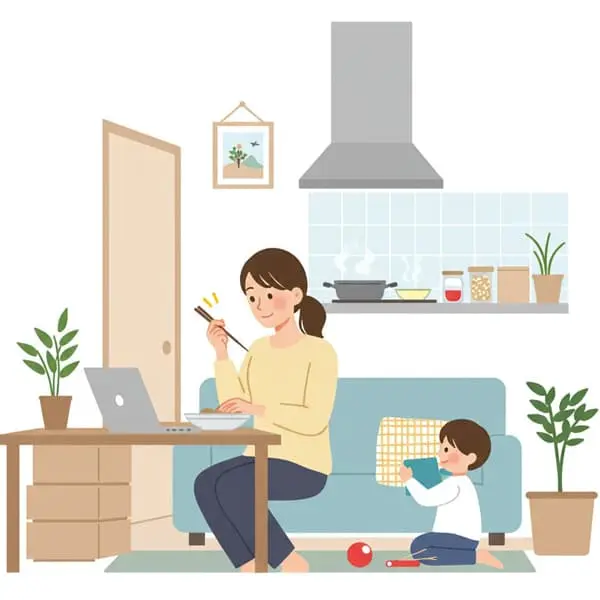 在宅で仕事をする母親と、その側で遊ぶ子供のいるリビングのイラスト