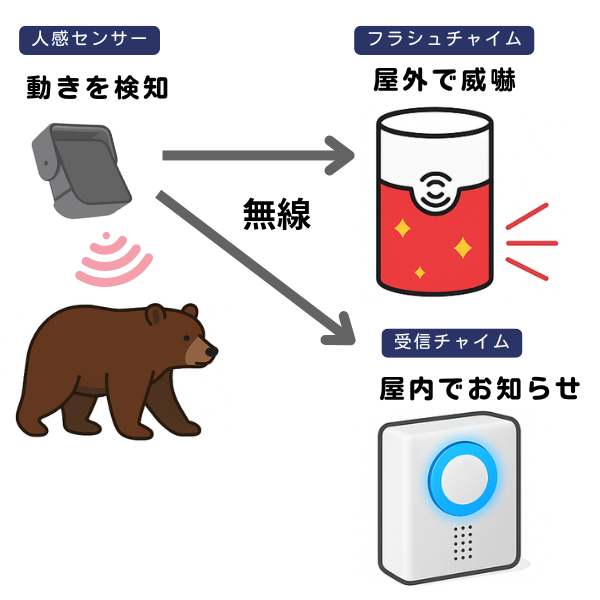 人感センサーでクマなどの動きを検知し、無線で屋外フラッシュチャイムによる威嚇と屋内受信チャイムへのお知らせを同時に行う獣害対策システムの図解