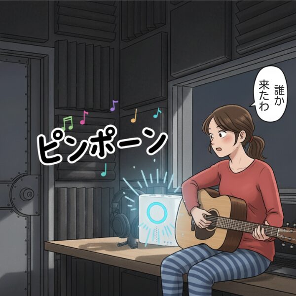 防音室でギターを弾くミュージシャン(女性)が、青く光って音を鳴らすワイヤレスチャイムに気づく様子。 (防音室のデスクに置かれたチャイムが光り、「ピンポーン」という文字と音符、女性の「誰か来たわ」という吹き出しがあり、演奏を中断している。)
