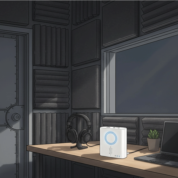 防音室のデスクに置かれた受信チャイムのイラスト。 (防音材が貼られた壁、防音ドア、窓、ヘッドホン、ノートPCが描かれており、チャイムの光で来訪を視覚的に知らせる様子を示しています。)