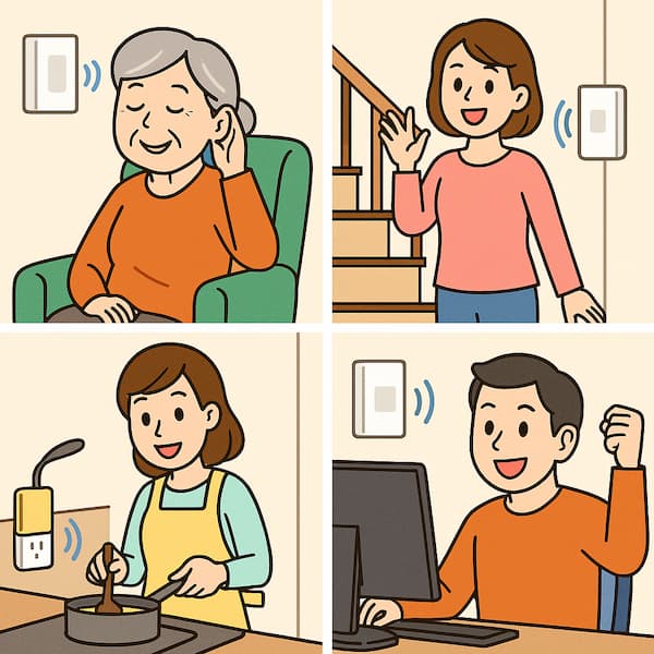 ワイヤレスチャイムが鳴り、リビングの高齢女性、階段の女性、キッチンで料理中の主婦、デスクワーク中の男性がそれぞれ音に気づいて喜んでいる様子を示す4分割イラスト。