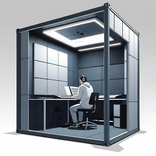 ヘッドホンを装着した人物が、防音またはプライベートなオフィスブース内でラップトップに向かって作業している様子。ブース内はモダンでミニマルなデザインで、間接照明と音響パネルが設置されている。