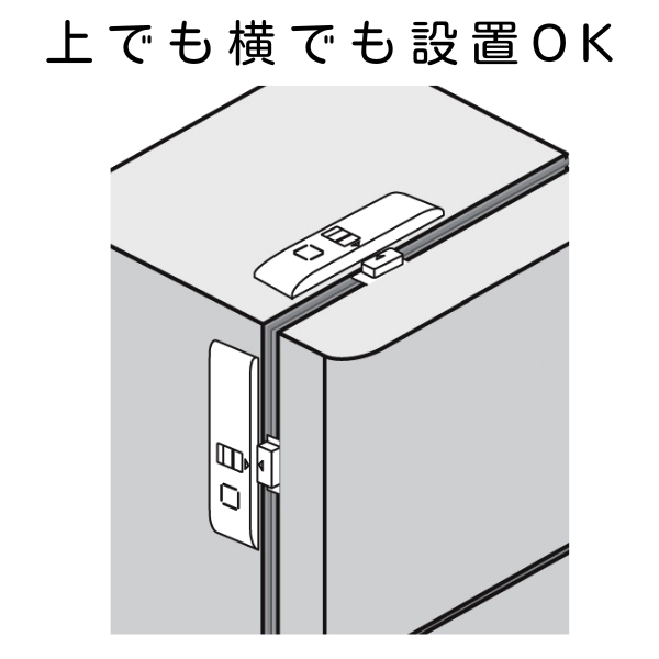 冷蔵庫の上と横に閉め忘れアラームを取り付けたイラスト