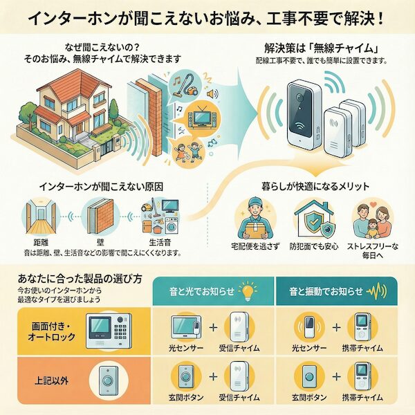インターホンが聞こえない原因と工事不要の無線チャイムによる解決策。距離や生活音の問題を解消し、画面付きオートロックなど環境に合わせた選び方も解説。