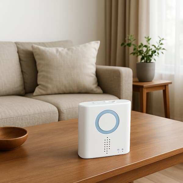 リビングルームの木製ローテーブルに設置された、受信チャイムQQ-30307の室内子機。ソファや観葉植物が写る、おしゃれなインテリアに馴染むデザイン。