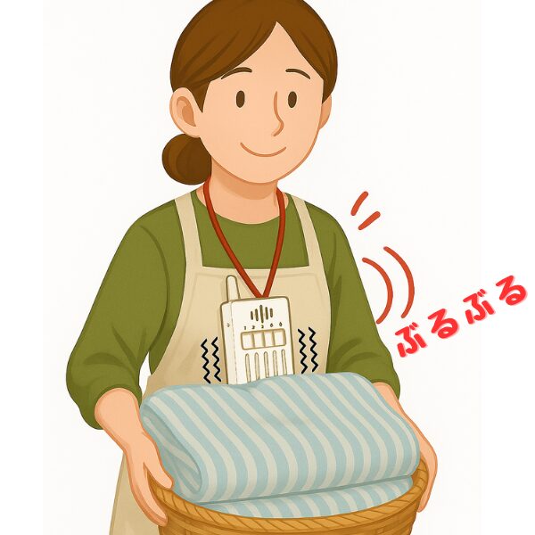 エプロンをつけた女性が、振動する携帯チャイムを首から下げ、カゴを持っているイラスト。