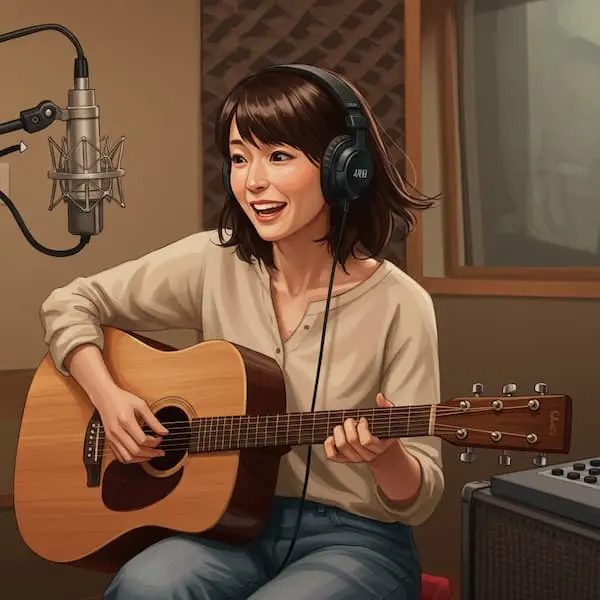 レコーディングスタジオで、ヘッドホンをつけて楽しそうにアコースティックギターを弾きながら歌う女性のイラスト。