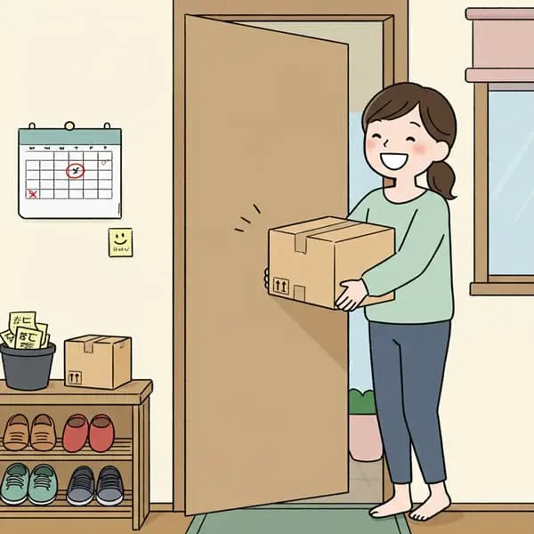 玄関で配達された荷物を受け取る笑顔の女性のイラスト