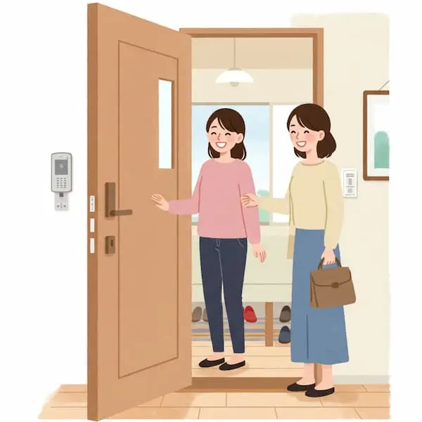 玄関の戸口で微笑み合う二人の女性のイラスト
