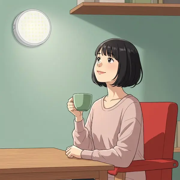 淡いピンクのセーターを着たボブヘアの若い女性が、部屋のテーブルで緑色のマグカップを持ち、壁に取り付けられた円形のLEDライトを見上げて穏やかに微笑んでいるイラスト。