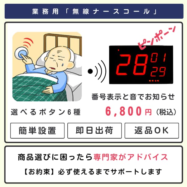 ベッドサイドのナースコールボタンを押す高齢者の男性とピンポーンと音が鳴るナンバー表示器のイラスト