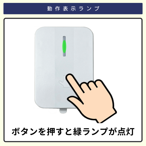 ワイヤレスコールチャイム（電池不要タイプ）QQ-30339　押しボタンを押して緑に光るイラスト