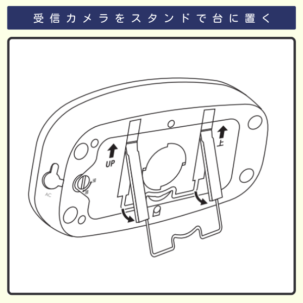 無線チャイムXプラス　受信カメラQQ-30320をスタンドで台に置くイラスト