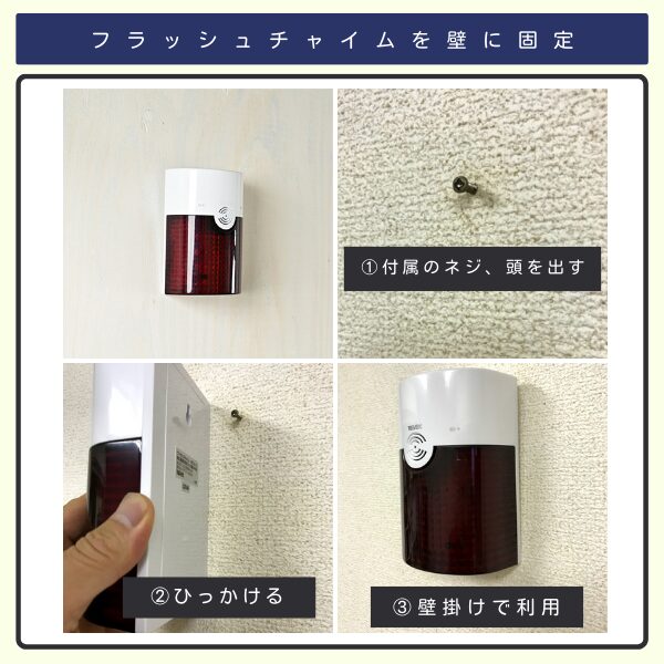 フラッシュチャイムを壁に固定する手順を示す4つの画像。見出しは『フラッシュチャイムを壁に固定』。手順は、①付属のネジの頭を出す、②本体をひっかける、③壁掛けで利用、と説明されている。