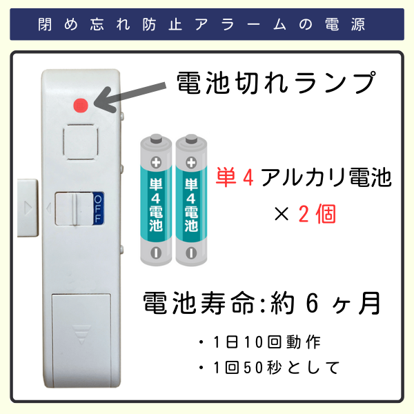 閉め忘れ防止アラームの電源は単4アルカリ電池2本、電池寿命は約6ヶ月