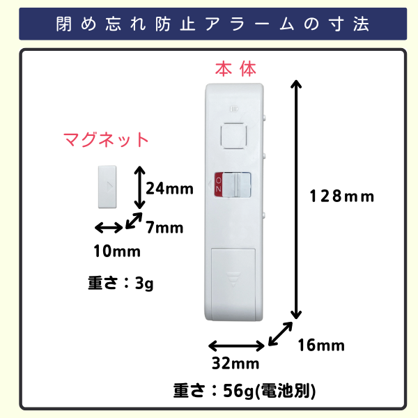 閉め忘れ防止アラームの寸法と重さ