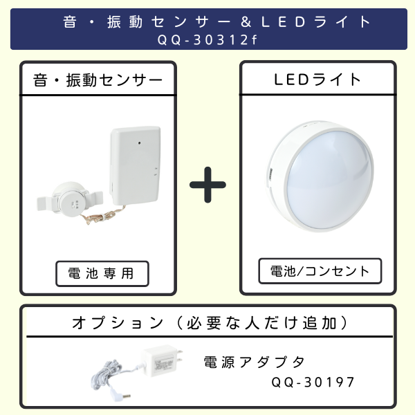 音・振動センサー&LEDライト QQ-30312f」の製品構成図。セット内容は、電池専用の音・振動センサーと、電池またはコンセントで使用可能なLEDライト。オプションとして電源アダプタ(QQ-30197)も表示。