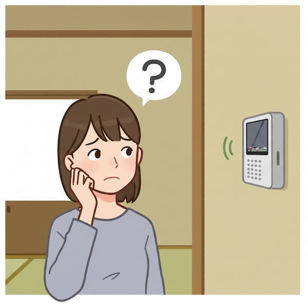 故障したインターホン(モニターは砂嵐、音の不調を示す音符の吹き出し付き)の前で、「?」マークを浮かべ困惑した表情の若い女性のイラスト。