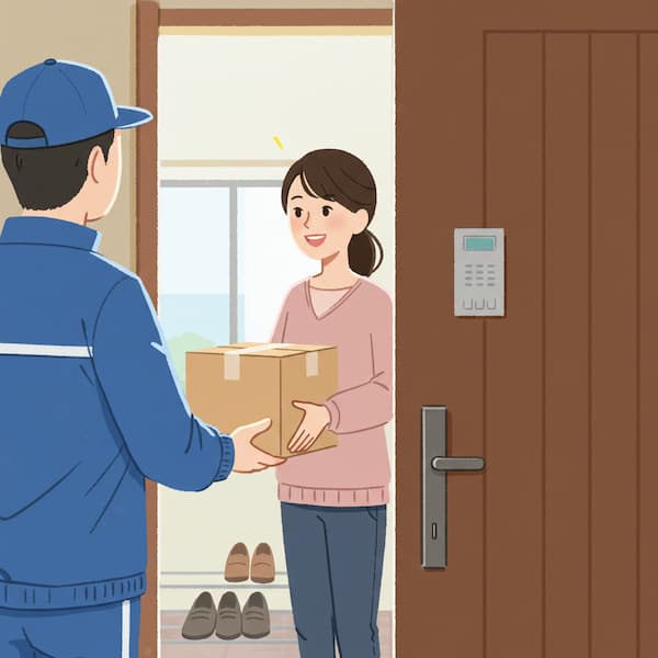 玄関で配達員から荷物を受け取る女性のイラスト