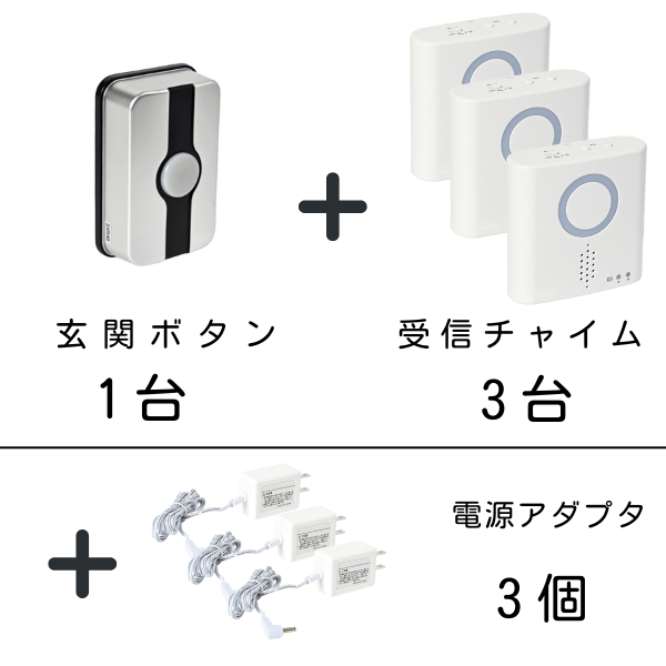 玄関ボタン1台、受信チャイム3台、電源アダプタ3個のセット