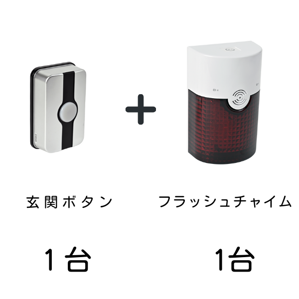 ワイヤレス呼び出しシステムの基本セット内容を示す画像。左側には「玄関ボタン」本体の写真とその下に「玄関ボタン 1台」というテキスト。右側には「フラッシュチャイム」（受信機）本体の写真とその下に「フラッシュチャイム 1台」というテキストが記載されている。これら2つの製品が、中央の大きな「＋」記号によってセットであることを示している。