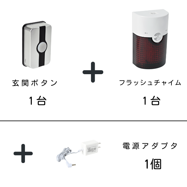 ワイヤレス呼び出しシステムのセット内容を示す画像。上段には、左側に「玄関ボタン」本体の写真とその下に「玄関ボタン 1台」というテキスト、中央に大きな「＋」記号、右側には「フラッシュチャイム」（受信機）本体の写真とその下に「フラッシュチャイム 1台」というテキストが記載されている。下段には、左側に大きな「＋」記号、中央に「電源アダプタ」の写真、右側に「電源アダプタ 1個」というテキストが配置され、これら3点がセットであることを示している。