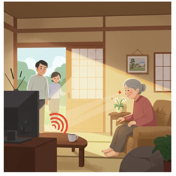 日差しが差し込む和風のリビングで、若い男女と高齢の女性がくつろいでいるイラスト。テレビには電波のマークも見える。