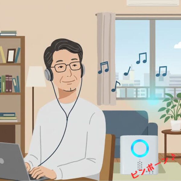 眼鏡をかけヘッドフォンをした男性が、自宅のリビングと思われる部屋でノートパソコンを操作している。彼の横にある白い機器からは音楽が流れており、その近くに「ピンポーン?」という文字が描かれているイラスト。
