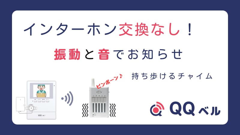 「インターホン交換なし!振動と音でお知らせ」というキャッチコピーのQQベル製品広告画像。既存のインターホンモニターから無線で信号を受け、持ち運び可能な携帯チャイムが「ピンポーン♪」という音と振動で来訪を知らせる仕組みをイラストで説明している。右下には「QQベル」のロゴが配置されている。