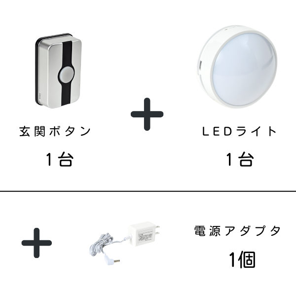 玄関ボタン1台、LEDライト1台、電源アダプタ1個のセット