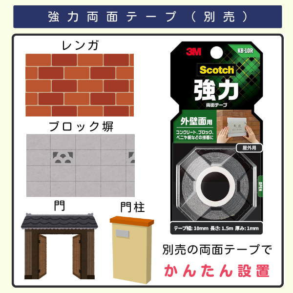 3Mスコッチ強力両面テープ(外壁面用・別売)と、レンガ、ブロック塀、門、門柱への使用例を示し、「別売の両面テープでかんたん設置」と書かれた説明画像。