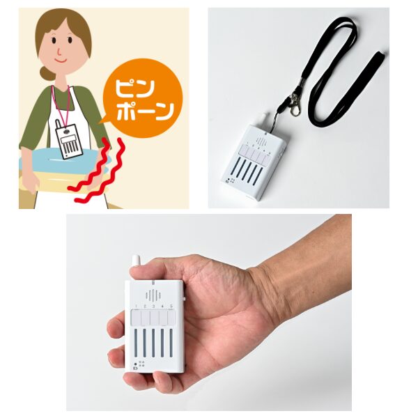 携帯型チャイムの製品画像。左上に呼び出しを受けている女性のイラスト、右上にネックストラップ付きの本体、下に本体を手に持った写真がコラージュされている。