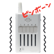 : アンテナと5つのボタンが付いた携帯型チャイム受信機が振動し、「ピンポーン」という赤い文字が重なっているイラスト。