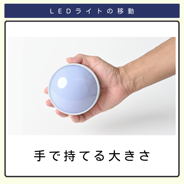 LEDライトを手で持っている写真。「LEDライトの移動」というタイトルと「手で持てる大きさ」というキャプションがあり、製品の携帯性を示しています。